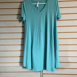 ZENANA PREMIUM Teal Turquoise V Neck Short Sleeve Tunic Dress Pockets Size L